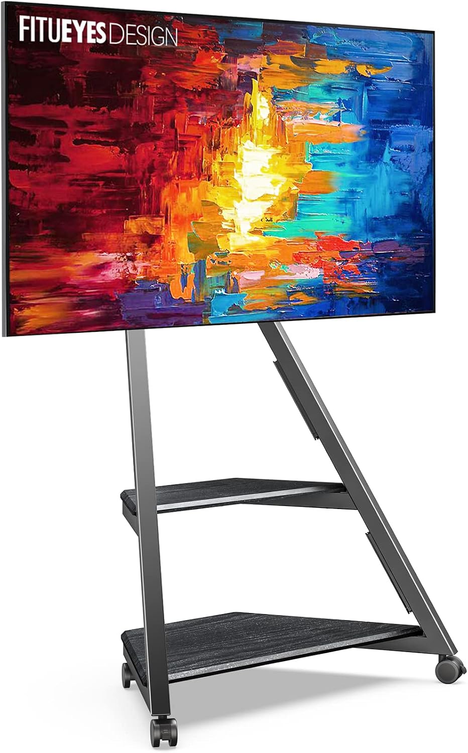 FITUEYES Design Corner TV Stand for 32 43 50 55 65 Inch TVs, Small Spaces Floor TV Stand Rolling TV Cart for LCD/LED Flat Curved Screens, Modern Living Room Television Stands, Eiffel Series, Black