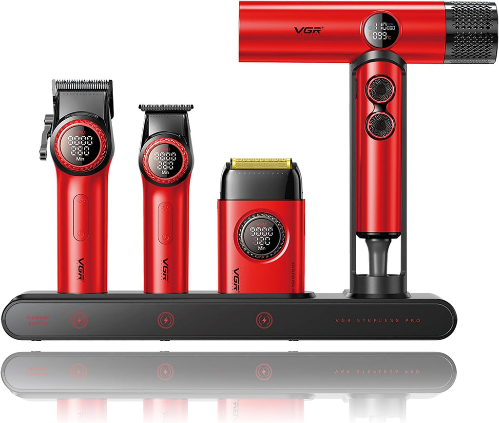 VGR Professional Barber Combo 4 in 1 – Cordless Hair Clipper, Trimmer, Foil Shaver & Powerful Hair Dryer Set for Men, 9000 RPM Motor, Long Battery Life, All-in-One Grooming Kit (Red)