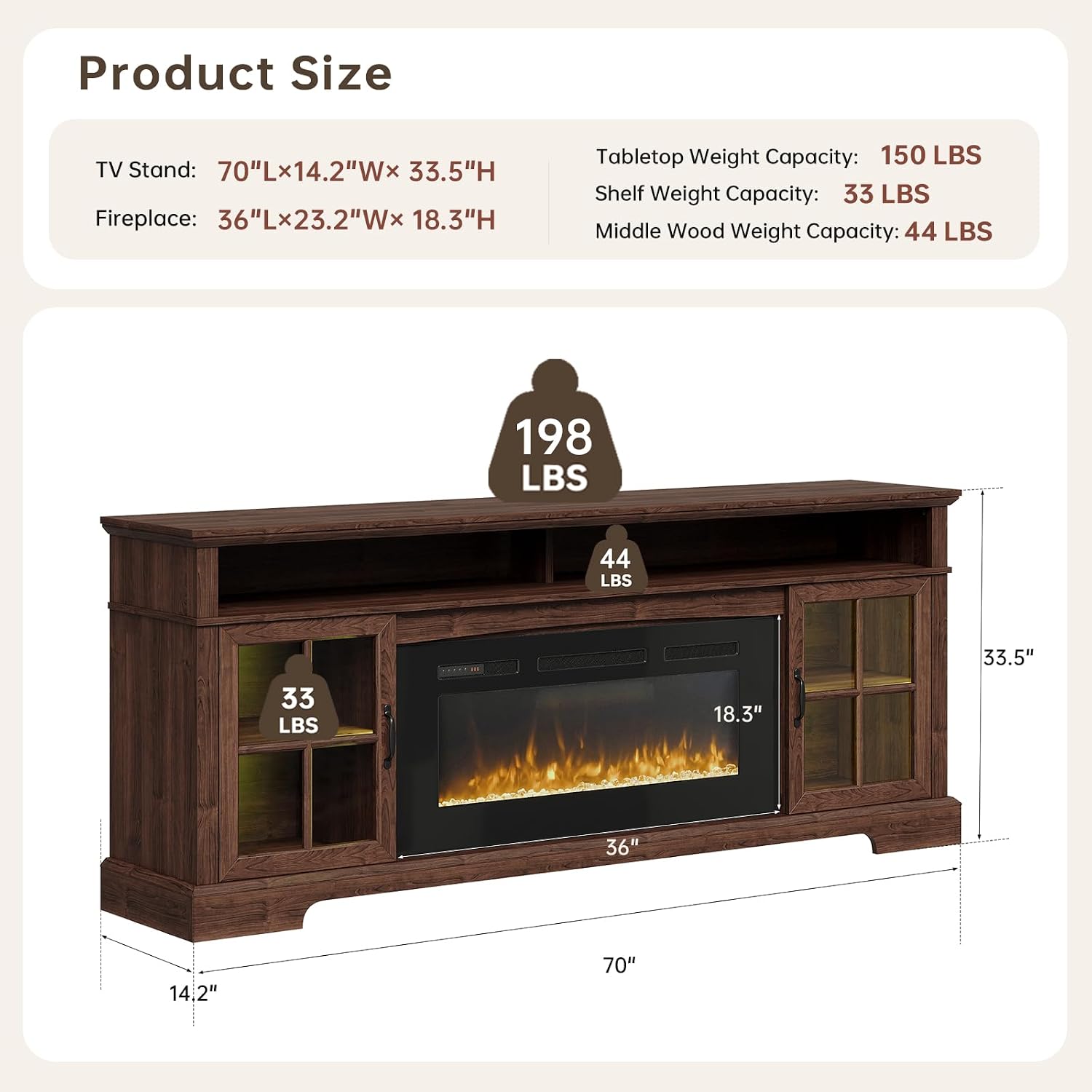 70' Farmhouse TV Stand with 36' Fireplace for TVs up to 80', Media Entertainment Center with Adjustable Shelves and Large Storage Cabinets, for Living Room, Brown & Black