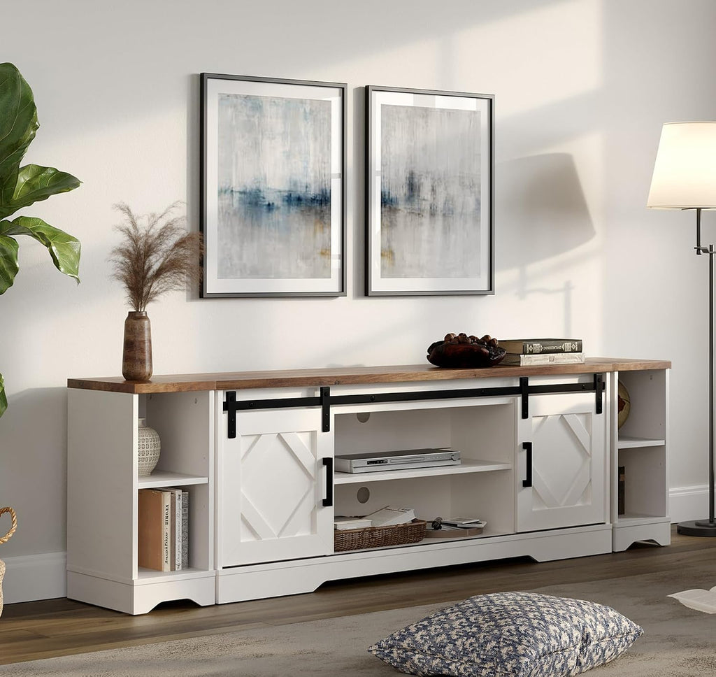 WAMPAT 3-in-1 Modern FarmhouseTV Stand for up to 85' TV, 23.6' H Wood Entertainment Center with Sliding Barn Door and Adjustable Media Storage Shelf for Living Room, Antique White