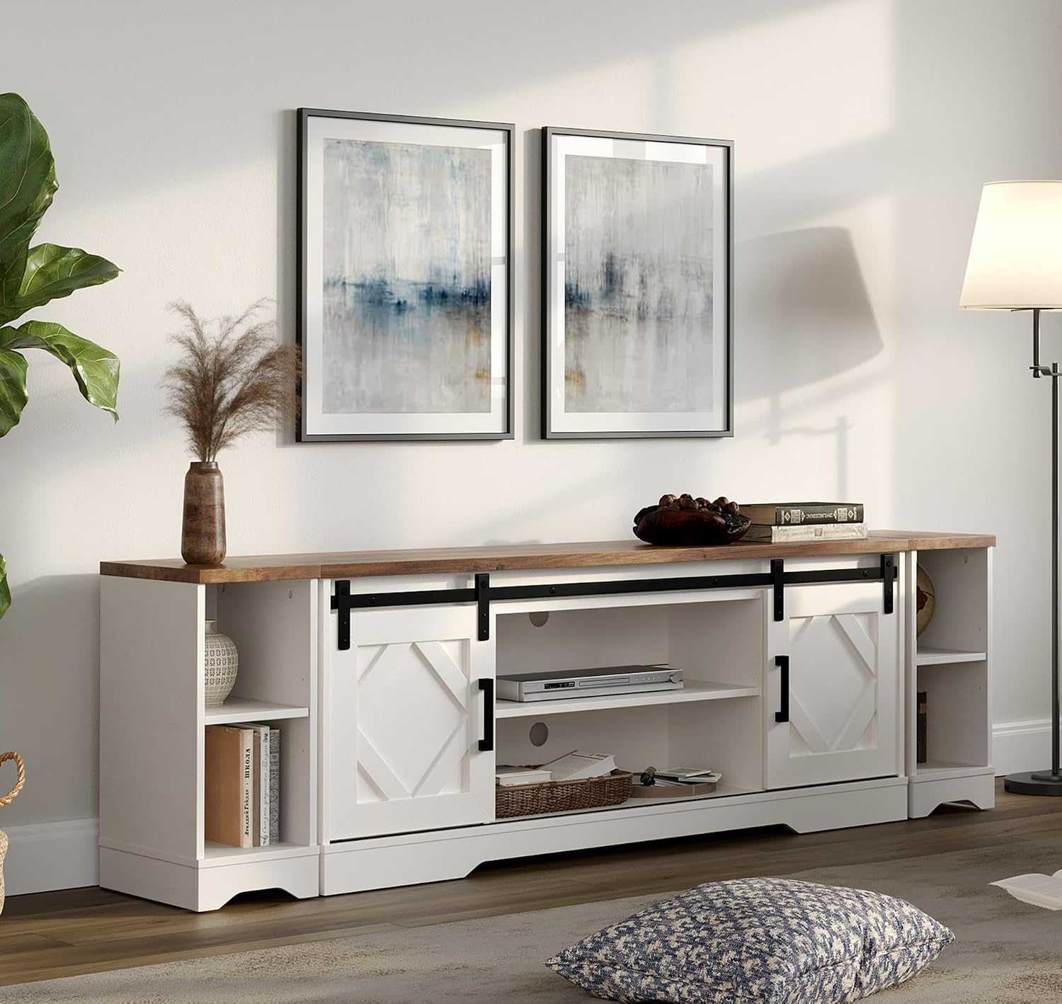 WAMPAT 3-in-1 Modern FarmhouseTV Stand for up to 85' TV, 23.6' H Wood Entertainment Center with Sliding Barn Door and Adjustable Media Storage Shelf for Living Room, Antique White