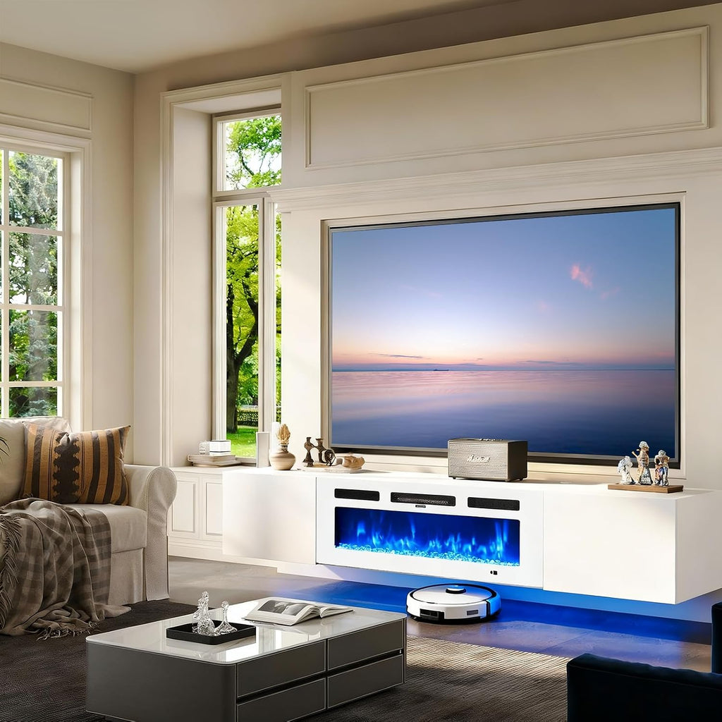 70'' Floating TV Stand with 36' Electric Fireplace, Wall Mounted Entertainment Center with Storage for TVs up to 80', Adjustable 12-Color LED Lights Media TV Console for Living Room,All White