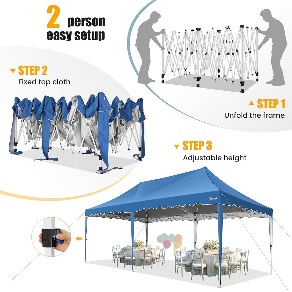 HOTEEL 10×20 Pop Up Canopy, Canopy Tent 10×20 UV 50+ and Waterproof, Thickened Frame, Large Space Easy Tent, Outdoor Canopies for Weddings, Beaches, Parties, Patio (Blue)