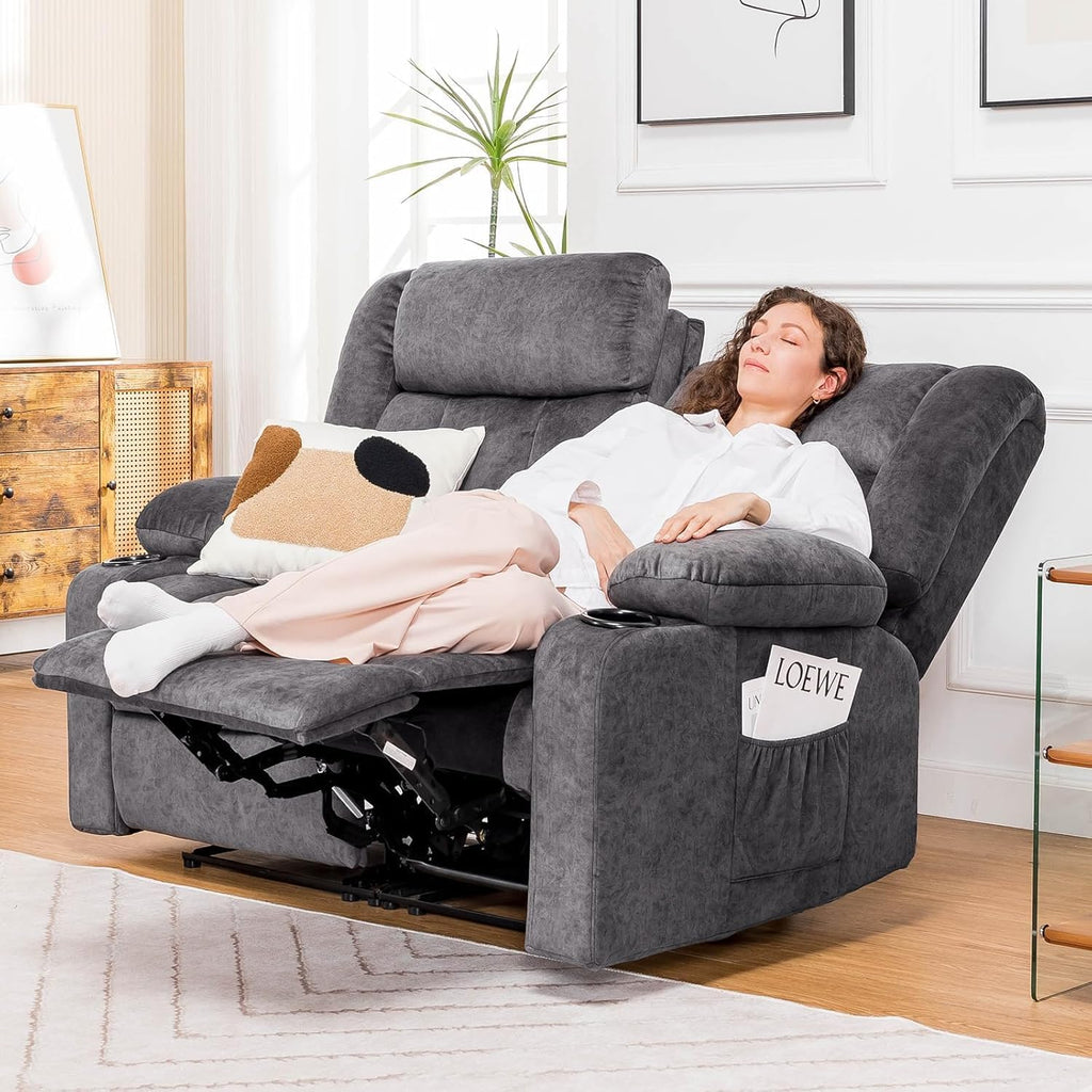 COMHOMA Living Room Furniture Sets Manual Loveseat Recliner,2 Seat Fabric RV Reclining Sofa,Daul Recliner Ergonomic Backrest with Cup Holders & Side Pockets,Dark Gray (Loveseat*3)