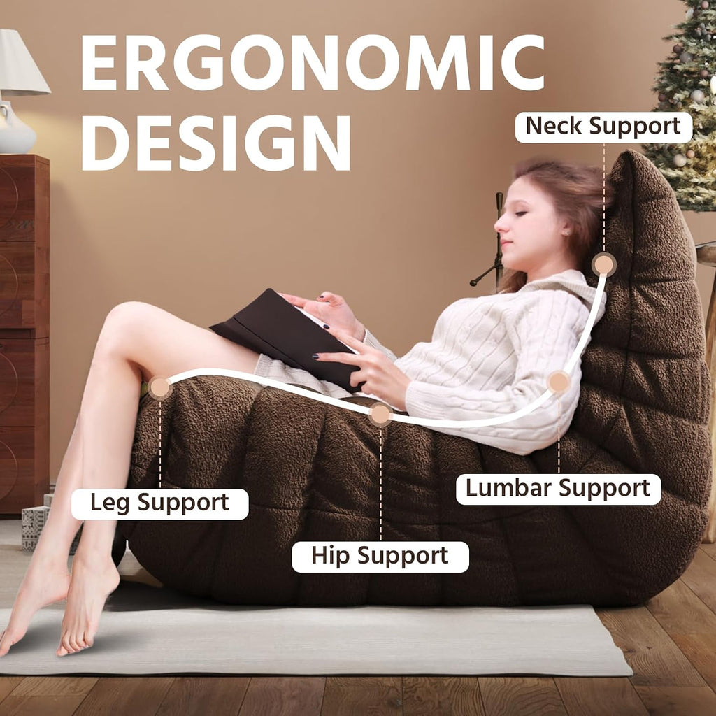 Giant Bean Bag Chair for Adults - Teddy Fleece Fireside Accent Chair with Memory Foam, Comfy Lazy Floor Sofa Couch Boneless Chaise Lounge for Living Room Bedroom Home Theaterr, 1 Seater,Coffe
