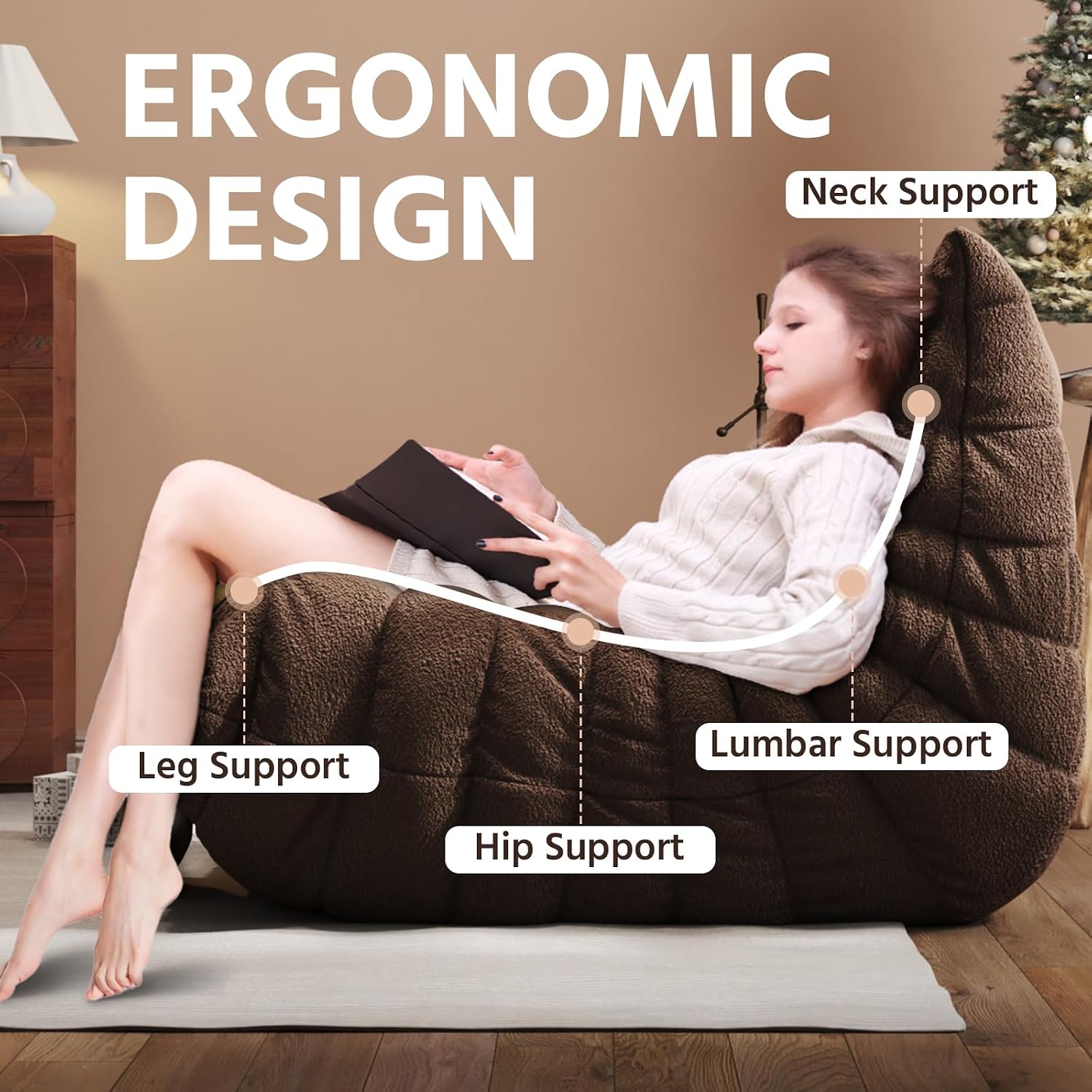 Giant Bean Bag Chair for Adults - Teddy Fleece Fireside Accent Chair with Memory Foam, Comfy Lazy Floor Sofa Couch Boneless Chaise Lounge for Living Room Bedroom Home Theaterr, 1 Seater,Coffe