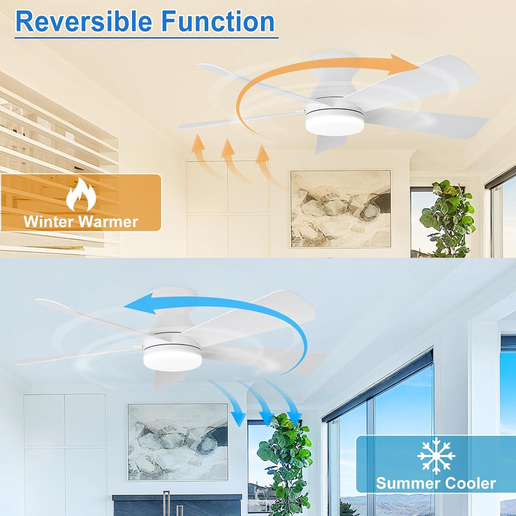 Depuley 42-Inch Ceiling Fans with Lights: Flush Mount Ceiling Fan with Remote Control Indoor/Outdoor - White 5 Blade Low Profile Fandelier for Kitchen Gazebo - Reversible Quiet Timer - 2 Packs