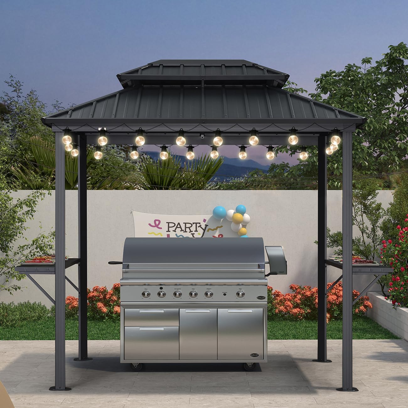 PURPLE LEAF 6' X 8' Hardtop Grill Gazebo for Patio Aluminum Barbeque Gazebo Canopy with 24 Clear Light Bulbs and Shelves Double Tiered Grey Outdoor BBQ