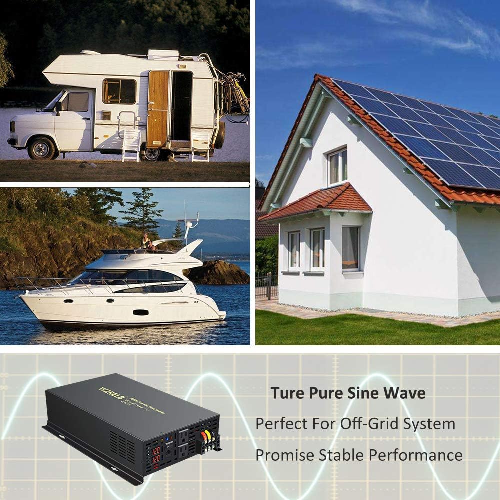WZRELB 3000W 12VDC 120VAC Pure Sine Wave Power Inverter with 2 AC Outlets Wired Remote Control Car Inverter (RBP-300012WR)