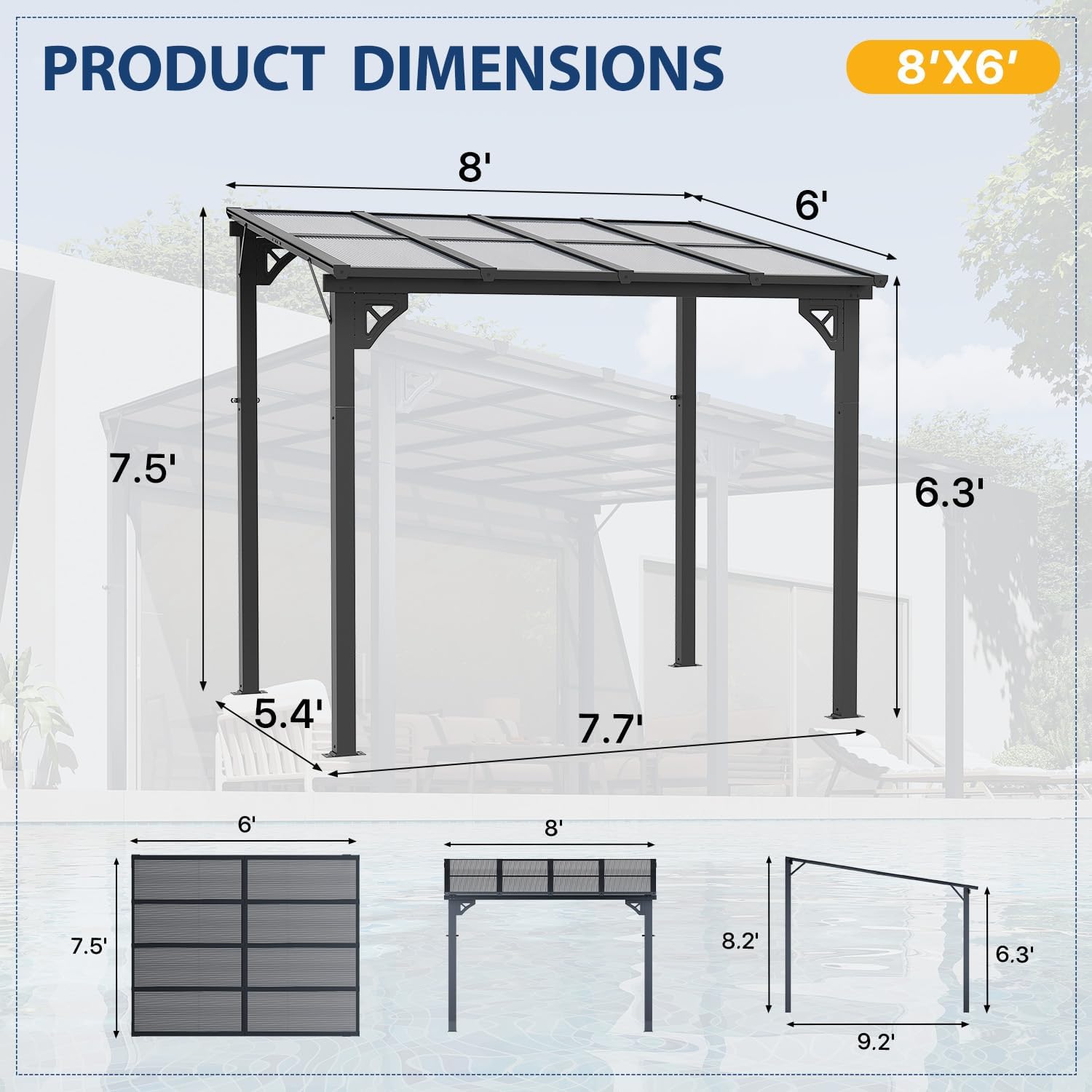 8' x 10' Outdoor Gazebo Pergola with Sloped Roof, Heavy Duty Wall-Mounted Awnings for Patio, Deck, and Backyard