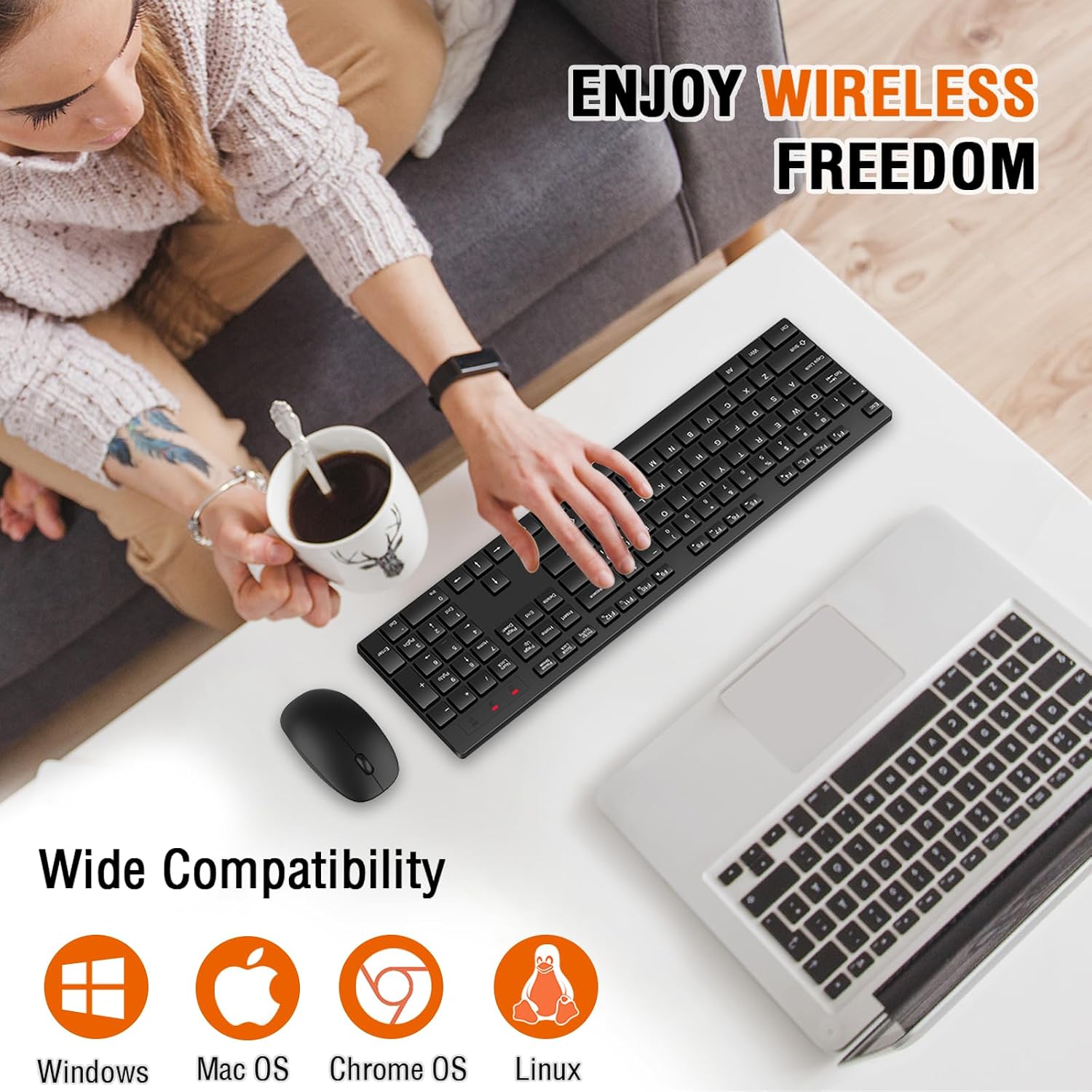 Wireless Keyboard and Mouse Combo, EDJO Silent Full Size Cordless USB Keyboard Mouse, 2.4GHz Lag-Free, Long Battery Life, for Computer, Laptop, PC, Chromebook, Windows (Black, 8 Pack)
