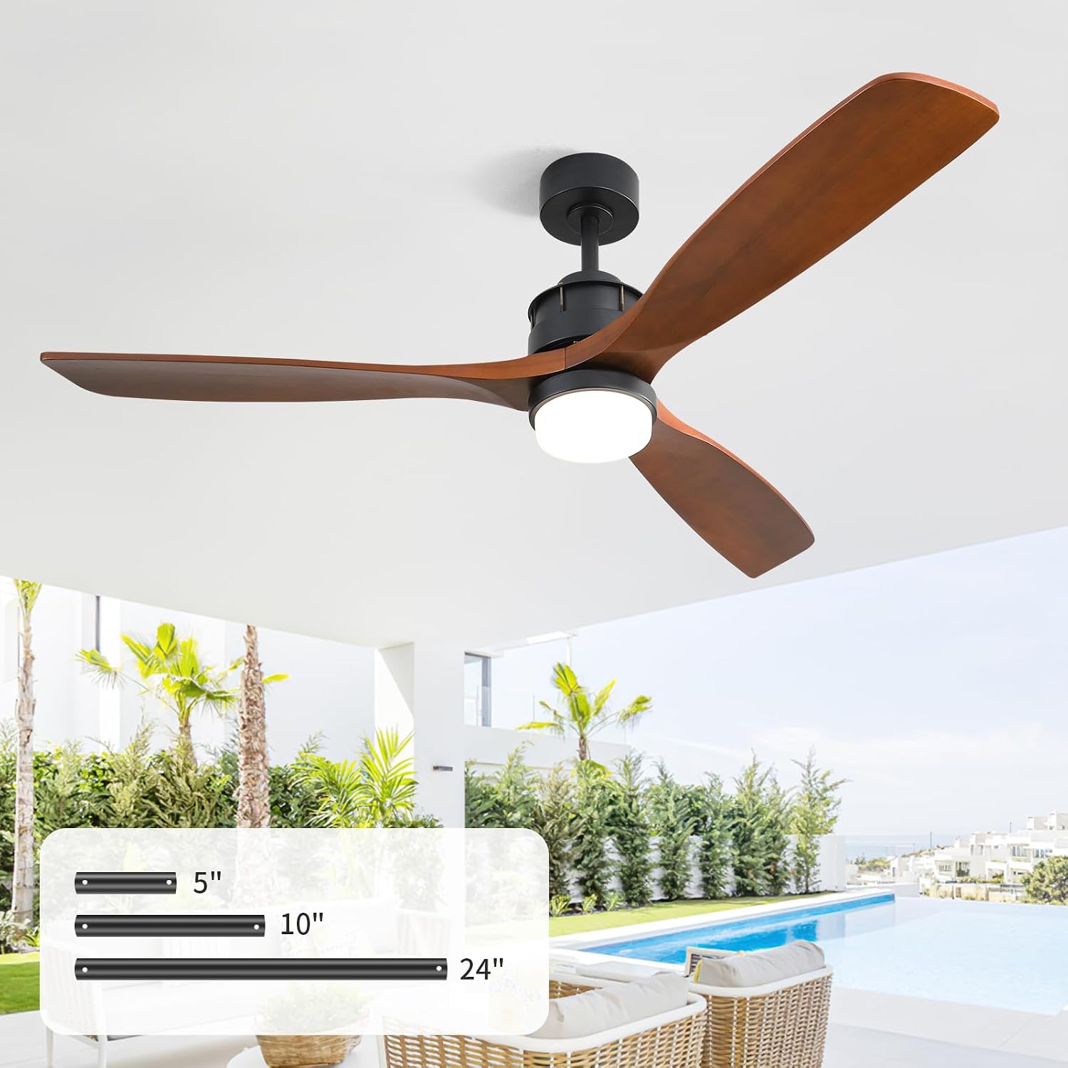 CACI Mall 60 inch Wood Ceiling Fan with Light, Outdoor Ceiling Fans for Covered Patios, Walnut, Remote Control, Large, for Porch/Garage/Farmhouse