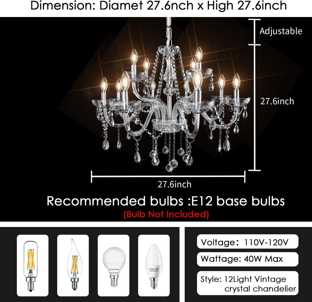 Gorgeous Vintage Crystal Chandelier 12-Lights K9 Large Crystal Candle Chandelier Pendant Ceiling Light Fixture for Living Room Dining Room Hallway Entry Chandeliers