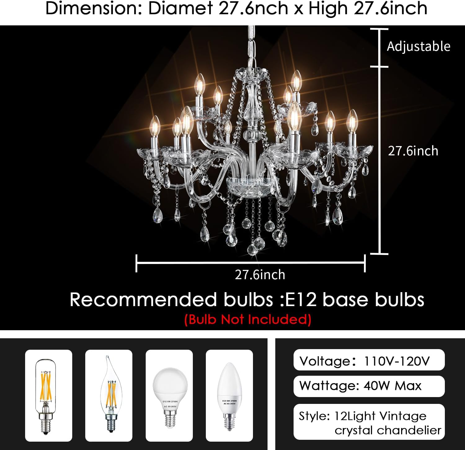 Gorgeous Vintage Crystal Chandelier 12-Lights K9 Large Crystal Candle Chandelier Pendant Ceiling Light Fixture for Living Room Dining Room Hallway Entry Chandeliers
