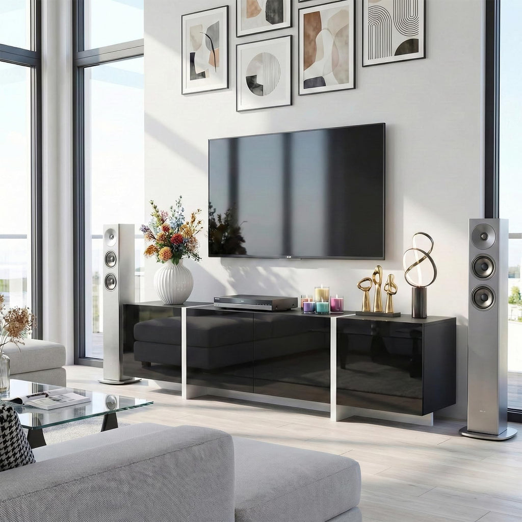 holzart 67' Modern Black TV Stand up to 70 Inch TV, Media Console with High Gloss Doors & Scratch-Resistant Matte Top, Entertainment Center with Cable Management & Storage Cabinet for Living Room