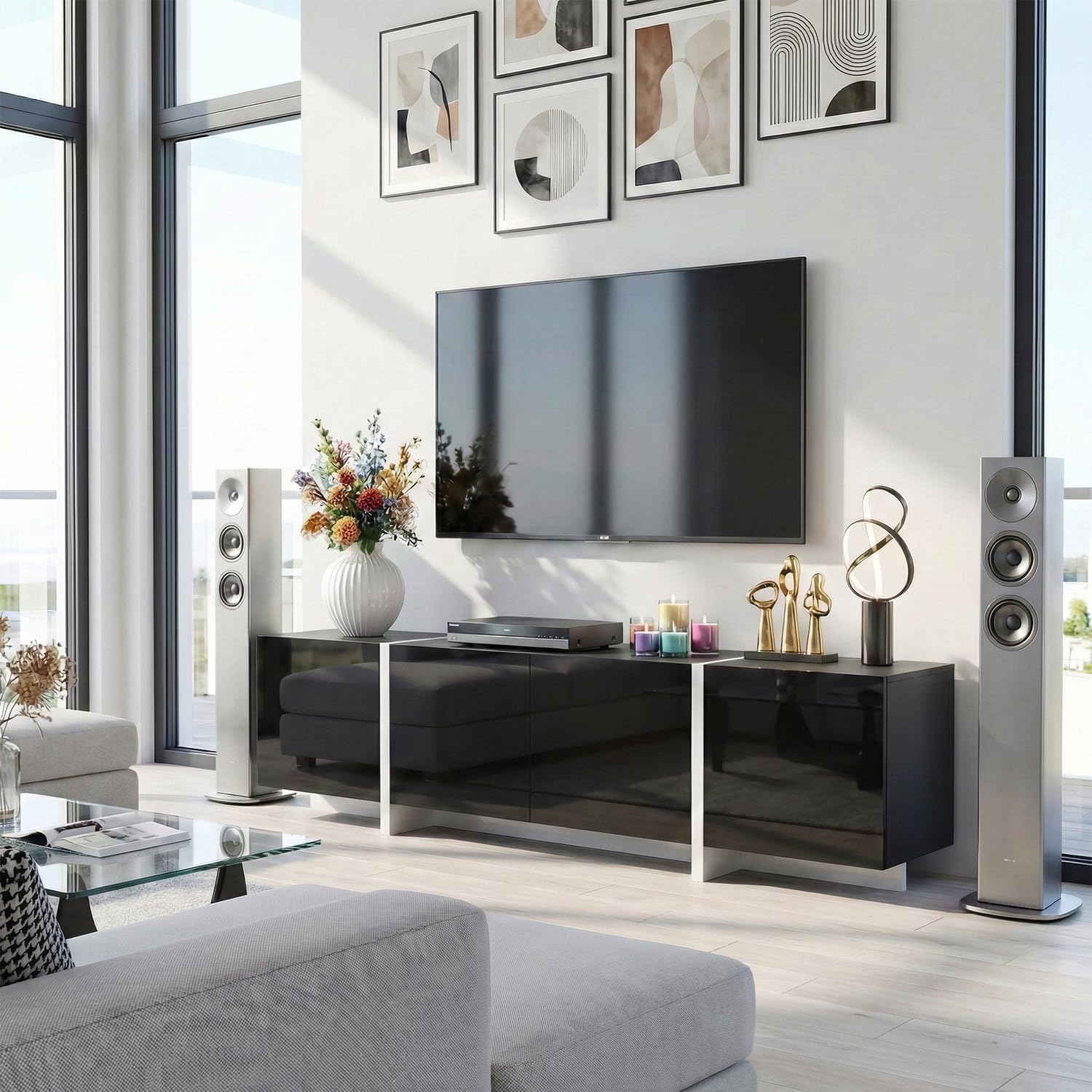holzart 67' Modern Black TV Stand up to 70 Inch TV, Media Console with High Gloss Doors & Scratch-Resistant Matte Top, Entertainment Center with Cable Management & Storage Cabinet for Living Room