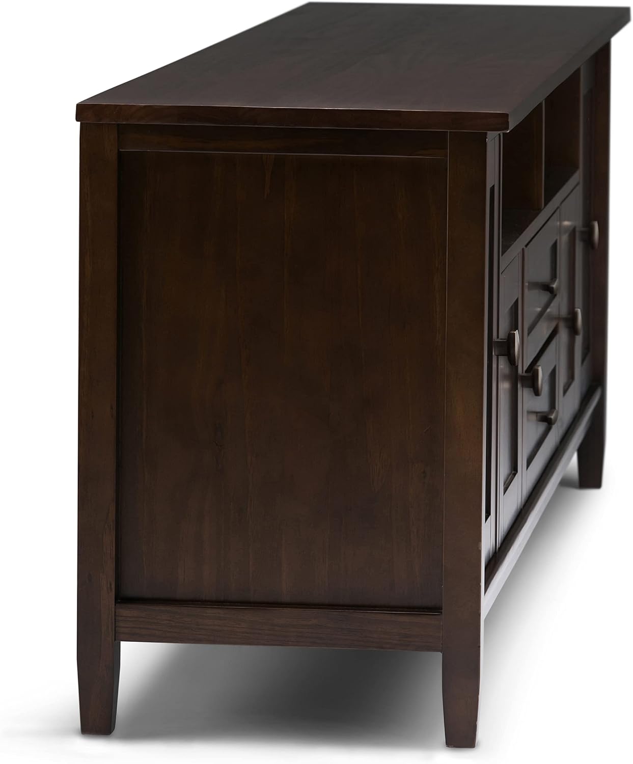 SIMPLIHOME Warm Shaker TV Stand - 72 inch Wide Solid Wood Media Console in Tobacco Brown, Transitional Entertainment Center for Living Room for TVs up to 80 Inches with Cabinets and Cable Management