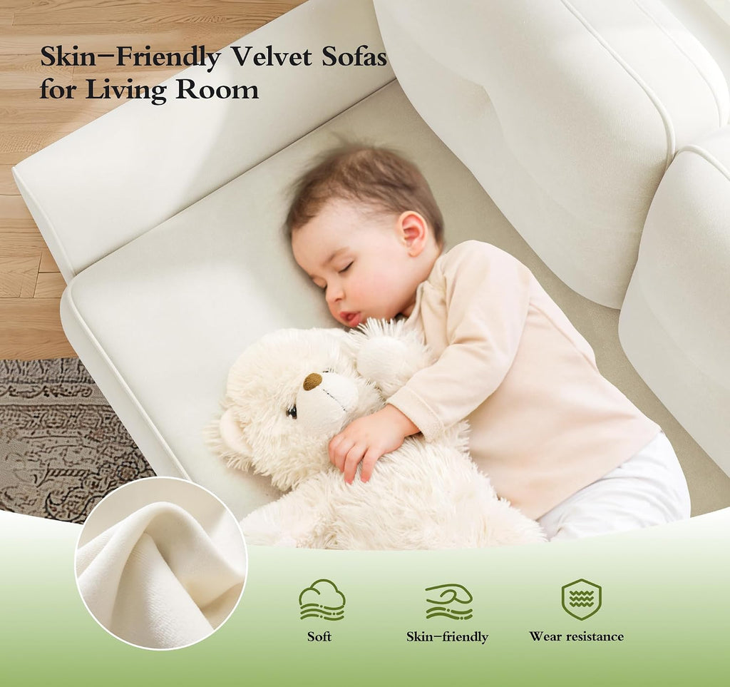 Kidirect 83' Sectional Couch, Velvet L-Shaped Couch 3 Seater Sectional Couches for Living Room, Comfy Fluffy Deep Seat Loveseat, Modular Sectional Sofa with Ottoman for Apartment Office, White Couch