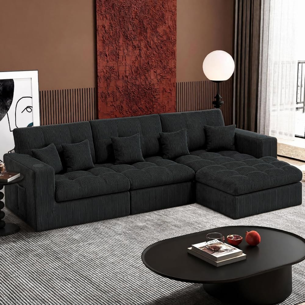 108' Modular Sectional Sofa, Cloud Sectional Couch with Deep Seat, Modern Modular L-Shape Sofa Couch with Chaise,Upholstered Couches for Living Room Bedroom (Matte Black)