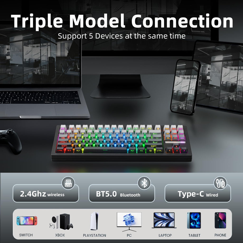 ZORNHER ZH870 Wireless Mechanical Gaming Keyboard,80% Black Custom Creamy Sound Keyboard with Shine Through PBT Keycaps,Pre-lubed Linear Switches,Hot-Swappable,RGB Backlit,2.4GHz/USB-C/BT5.0