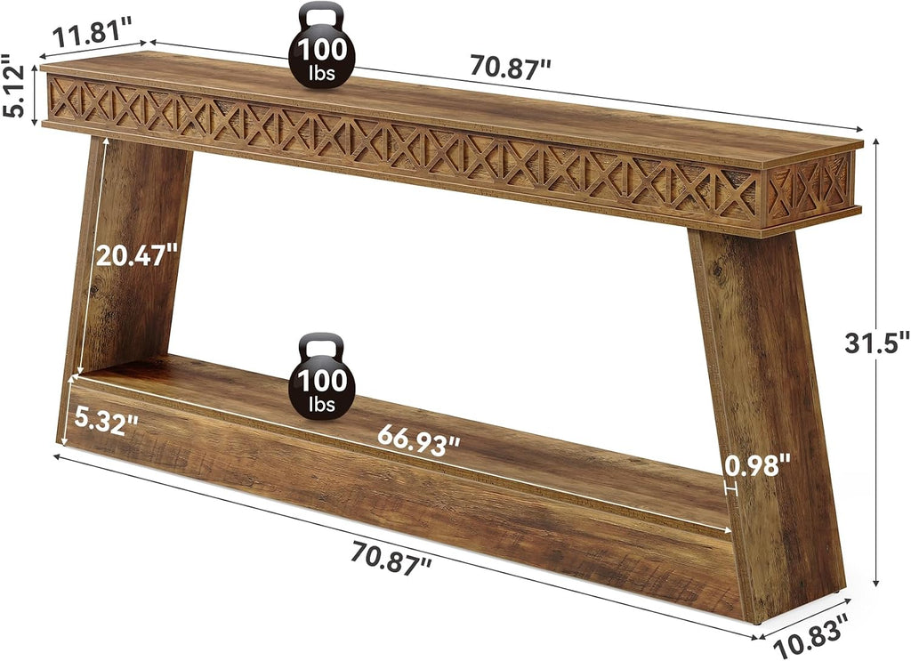 LITTLE TREE 70.87' Long Farmhouse Console Table, 2-Tier Shelf Narrow Accent Entryway Sofa Table for Living Room, Behind Couch, Hallway - Brown
