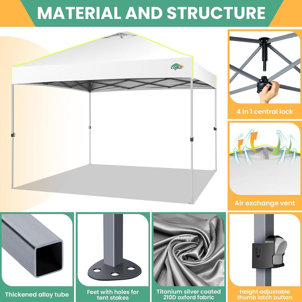 COBIZI 10x10 Pop Up Canopy Tent, Outdoor Party Tent Without Sidewall One Push Setup Glow, 3 Adjustable Height Air Vent Waterproof UPF50+, Bag, 4 Sandbag, 8 Stake, 4 Rope for Beach, Commercial