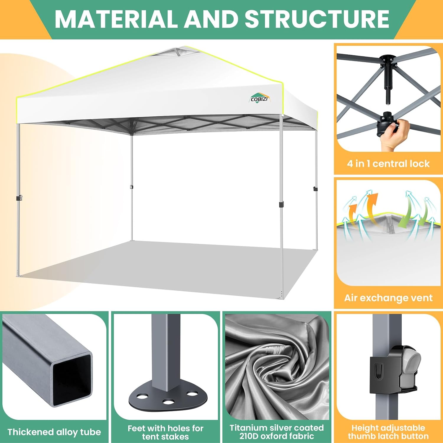 COBIZI 10x10 Pop Up Canopy Tent, Outdoor Party Tent Without Sidewall One Push Setup Glow, 3 Adjustable Height Air Vent Waterproof UPF50+, Bag, 4 Sandbag, 8 Stake, 4 Rope for Beach, Commercial