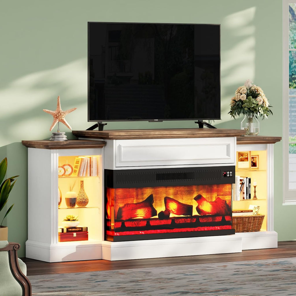 AMERLIFE 70' Fireplace TV Stand with Mantel, Farmhouse Wood Entertainment Center with 3-Sided Glass Fireplace for TVs up to 75', Adjustable Shelves & LED Lights, Distressed White