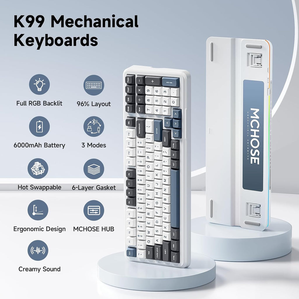 MCHOSE K99 Wireless Mechanical Keyboard, Tri-Mode Connection Gaming Keyboard, Hot Swappable Custom Gasket Structure, Pre-lubed Linear Switches, Double Shot PBT Keycaps RGB LED Backlit Navy Blue