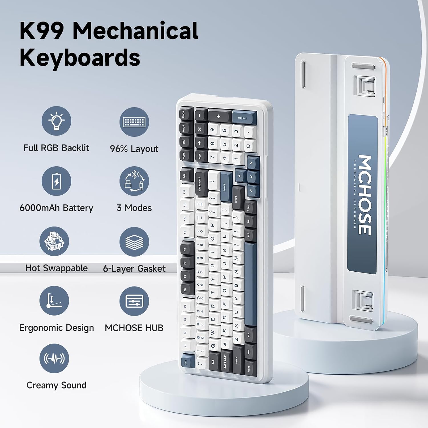 MCHOSE K99 Wireless Mechanical Keyboard, Tri-Mode Connection Gaming Keyboard, Hot Swappable Custom Gasket Structure, Pre-lubed Linear Switches, Double Shot PBT Keycaps RGB LED Backlit Navy Blue