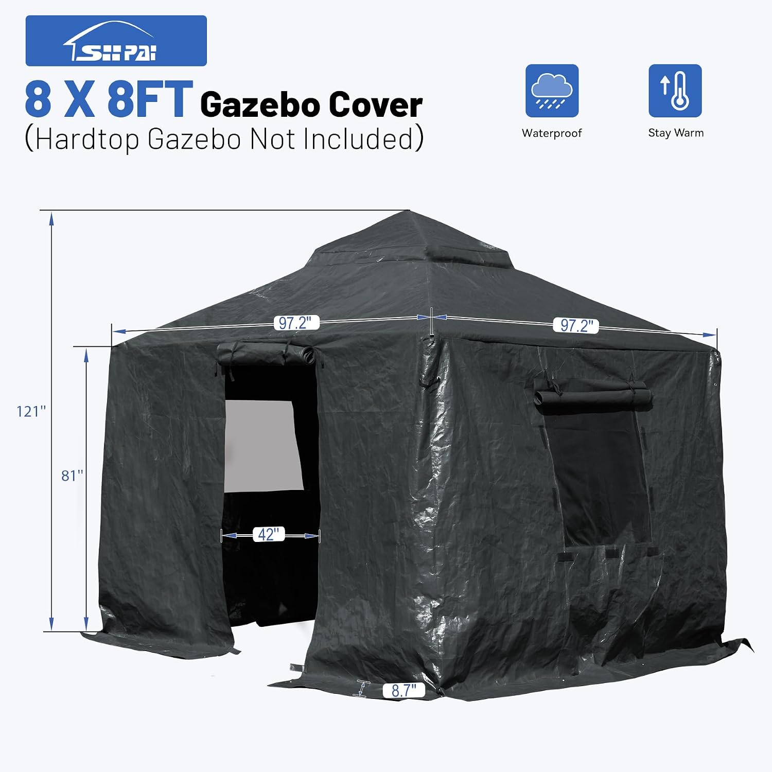 8x8FT Outdoor Gazebo Cover for Hardtop Gazebo, Universal Winter Gazebos Cover with Sidewalls and Mesh Windows, All-Season Used -Grey (Gazebos Not Included)