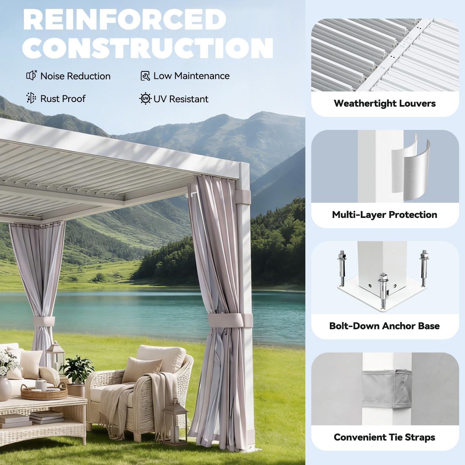 MELLCOM Louvered Pergola 10x12, Outdoor Rustproof Shelter with Adjustable Roof, Steel Aluminum Gazebo with Waterproof Curtains and Netting for Patio Deck, White