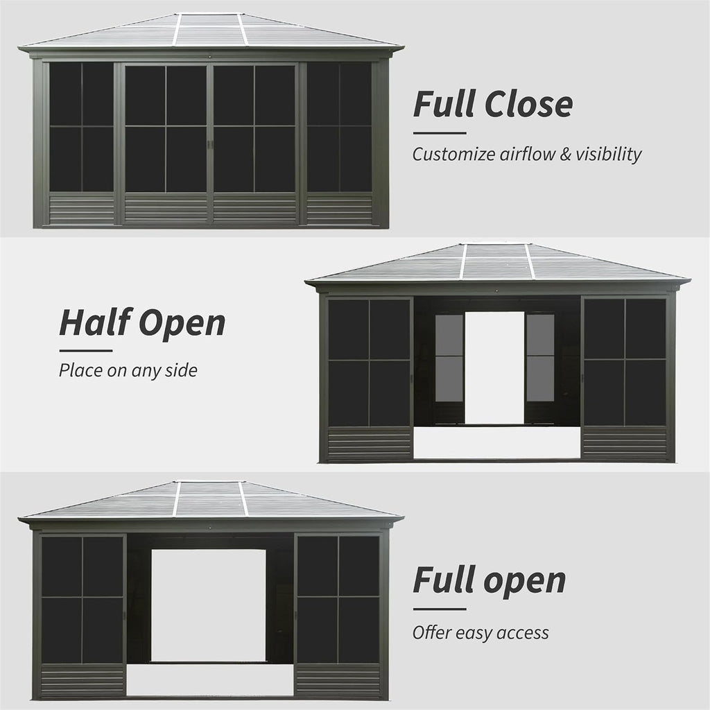 12'(W) x 14'(L) Outdoor Sunroom Aluminum Hardtop Gazebo with Galvanized Steel Roof, PVC Screen Walls and Sliding Door, Black