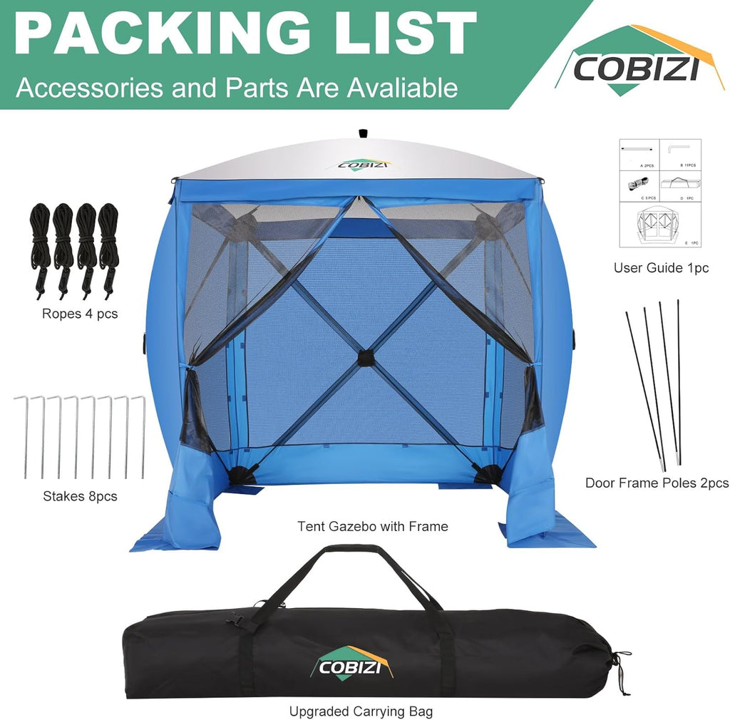COBIZI 6x6 Pop up Gazebo Tent on Clearance, Ez up Waterproof Screen Tent Screen House with 3 sidewalls,Portable Outdoor Canopy with Carry Bag & Ground Stakes for Camping,Garden and Picnics, Blue