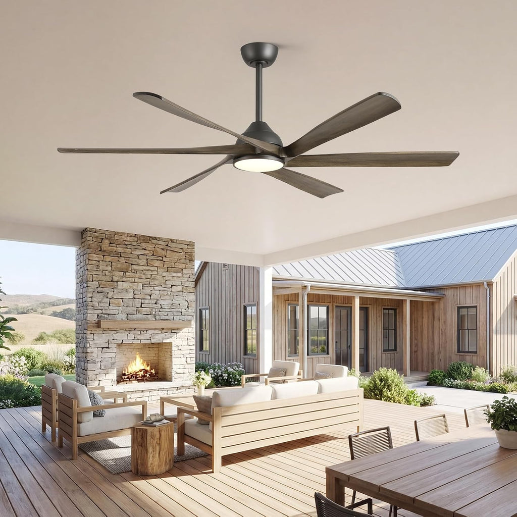 60 Inch Outdoor Ceiling Fan with Light and Remote, Rustic Farmhouse Smart Ceiling Fans with WiFi App/Alexa Voice Control, 6 Solid Wood Blades, Quiet Reversible DC Motor, Damp Rated for Covered Patio