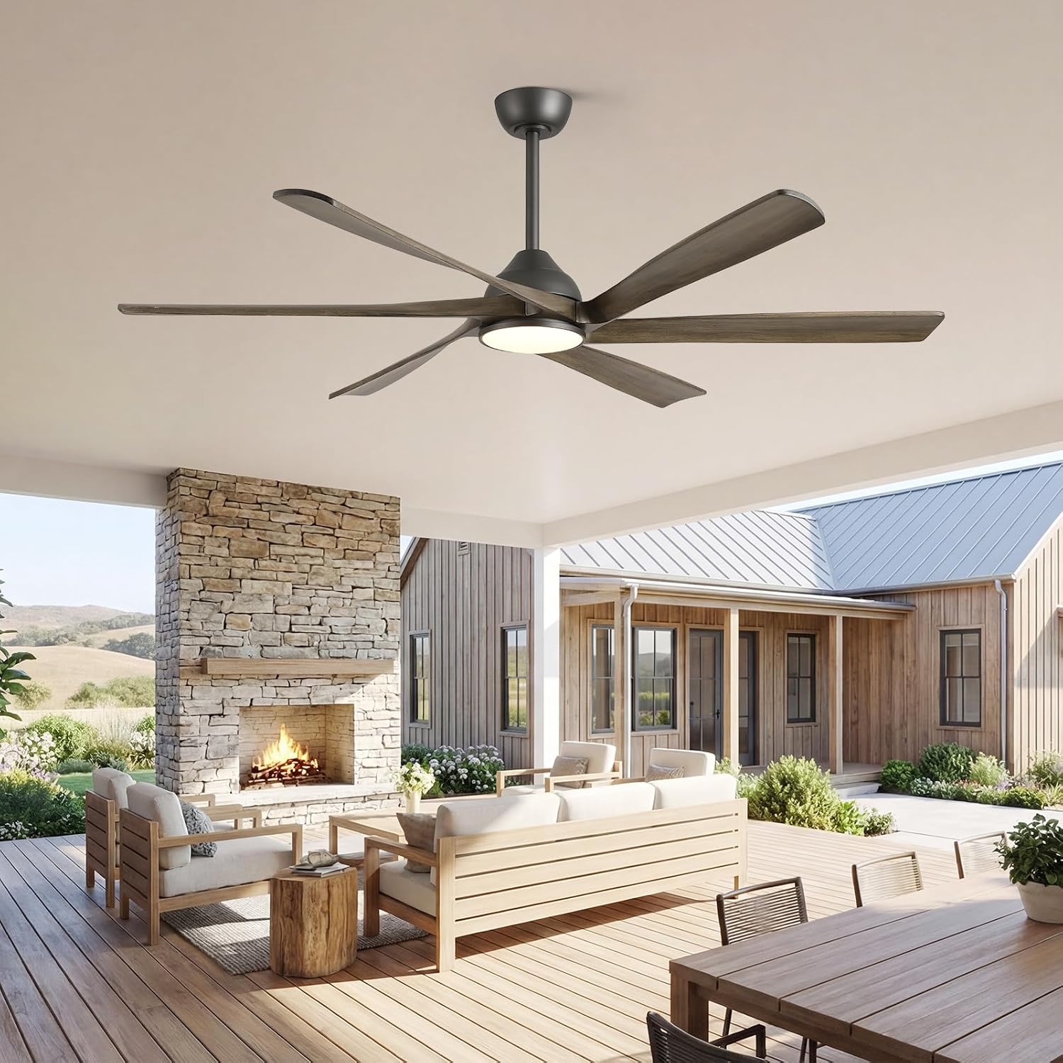 60 Inch Outdoor Ceiling Fan with Light and Remote, Rustic Farmhouse Smart Ceiling Fans with WiFi App/Alexa Voice Control, 6 Solid Wood Blades, Quiet Reversible DC Motor, Damp Rated for Covered Patio