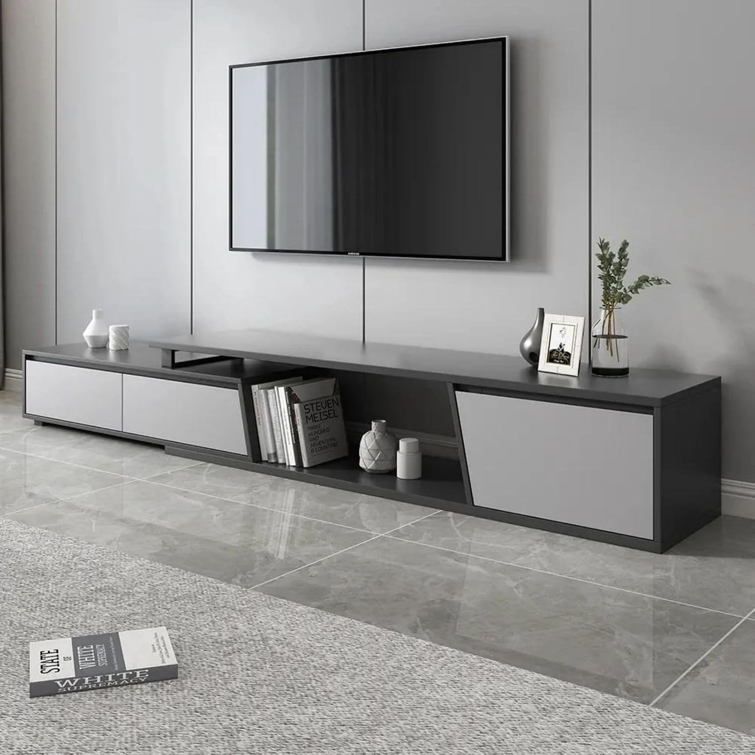 homary Extendable TV Stand with 3 Drawers Minimalist Rectangle Entertainment Center TV Console Up to 110' (70.9'W-110.2'W) (Gray)