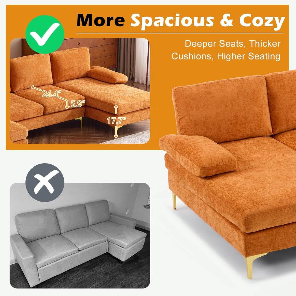 VINGLI 110' Sectional Couches for Living Room,U Shape Couch with Double Chaise, 4-Seat Sofa Set with Chenille Fabric for Home Furniture,Burnt Orange