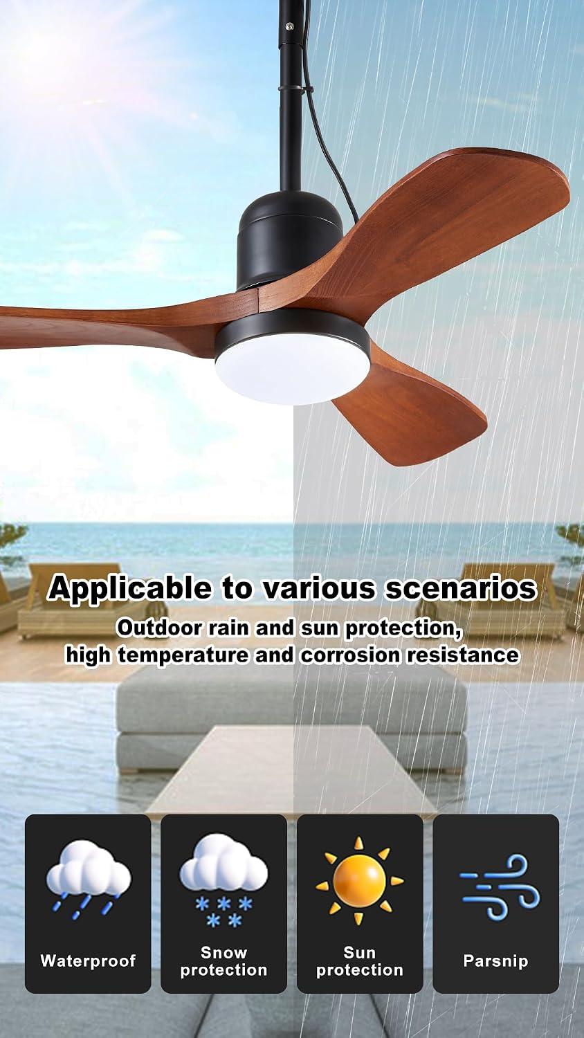 34' Outdoor Ceiling Fan with Light & Remote, Plug-in or Hardwire Gazebo Fan, Waterproof Wet Rated, 3 Walnut Wood Blades, Rustic Farmhouse Hanging Fan for Patio, Porch & Bedroom (Walnut-F235)