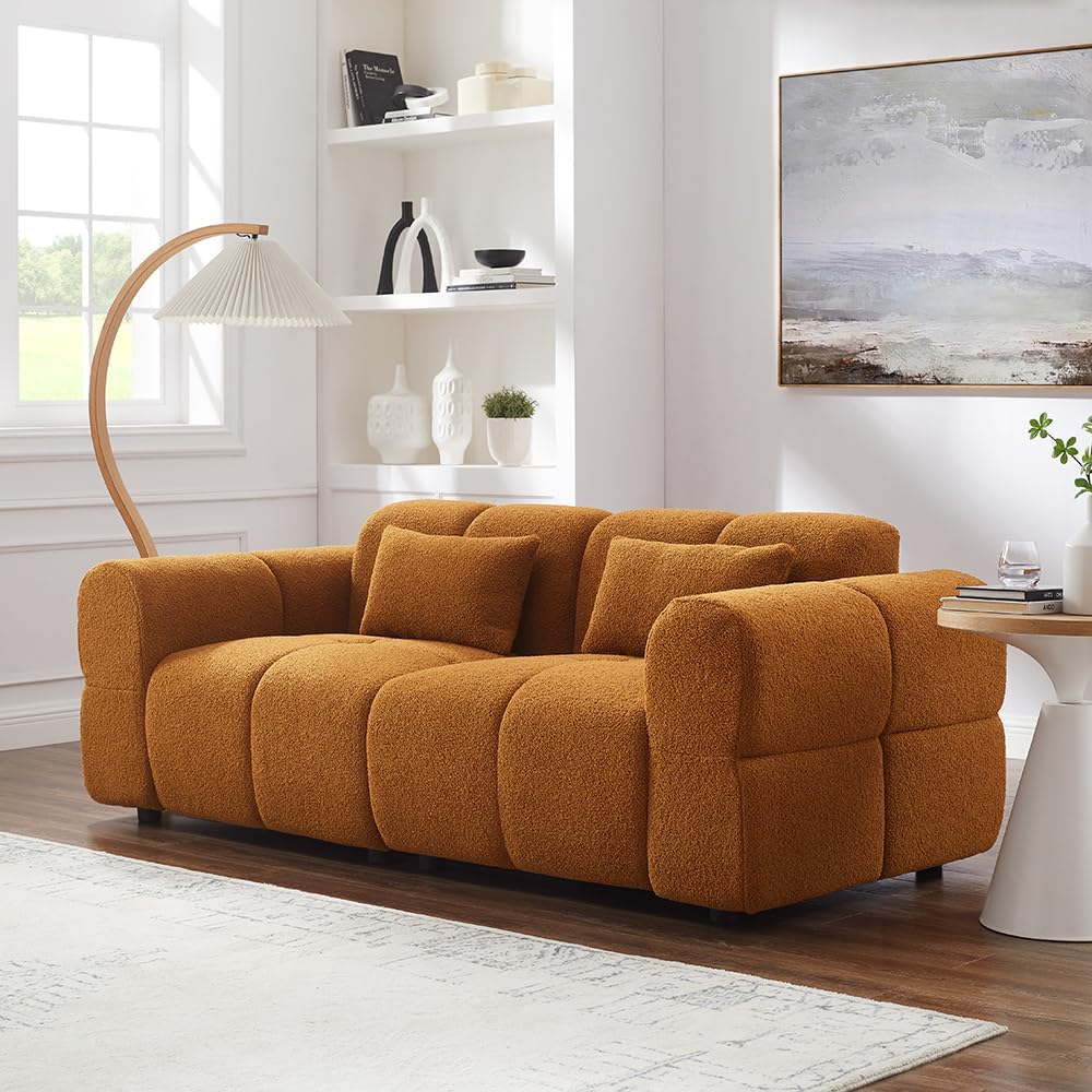 80' Modern Sofa Couch, Comfy Deep Seat Lambswool Cloud Sofa, Upholstered 3-Seater Boucle Couch, Oversized Loveseat for Living Room, Bedroom, Office, Apartment(Coffee)