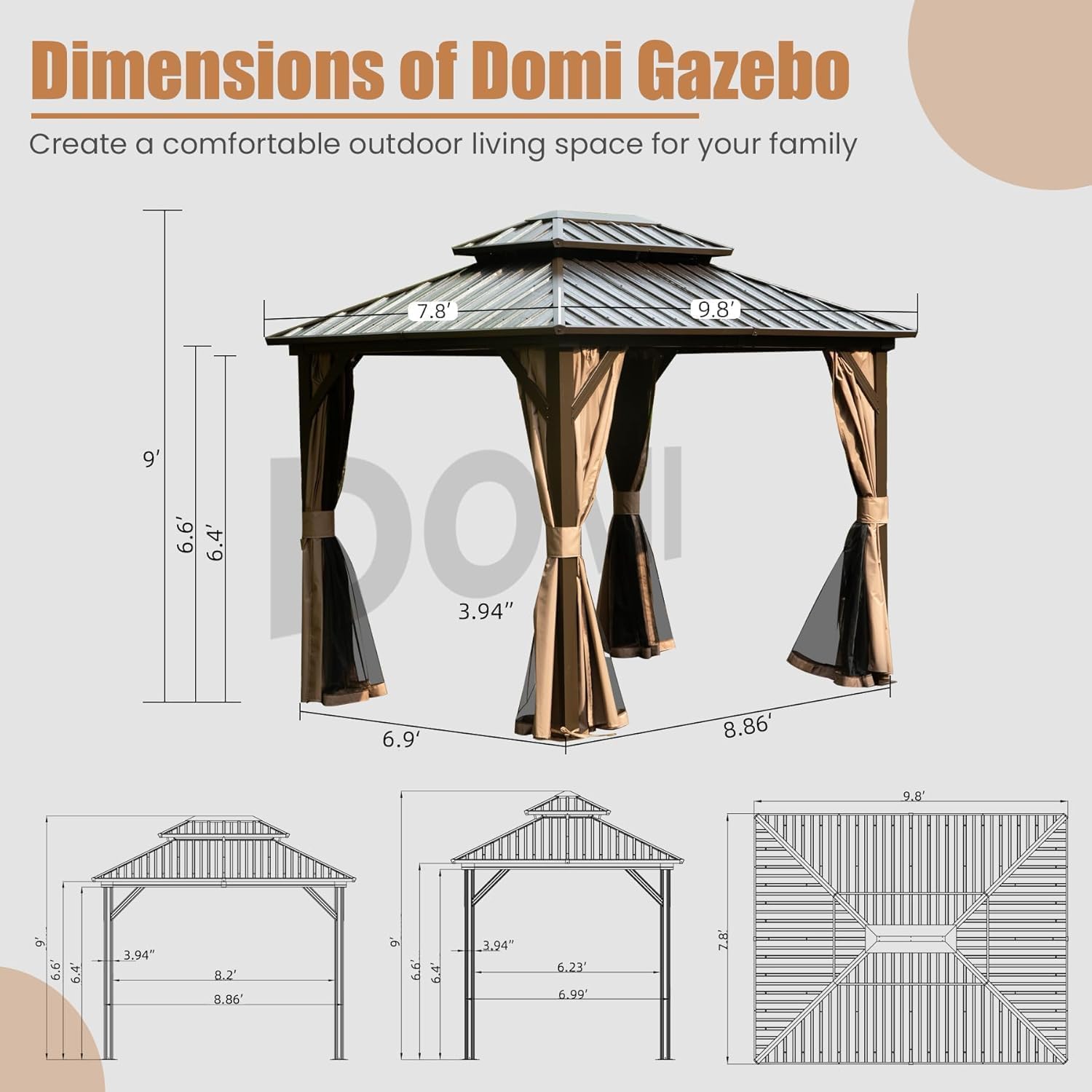 Domi 8'x10' Outdoor Gazebo, Patio Hardtop Gazebo with Galvanized Steel Double Roof, for Patio, Deck, Backyard, Curtain and Netting Included, Brown