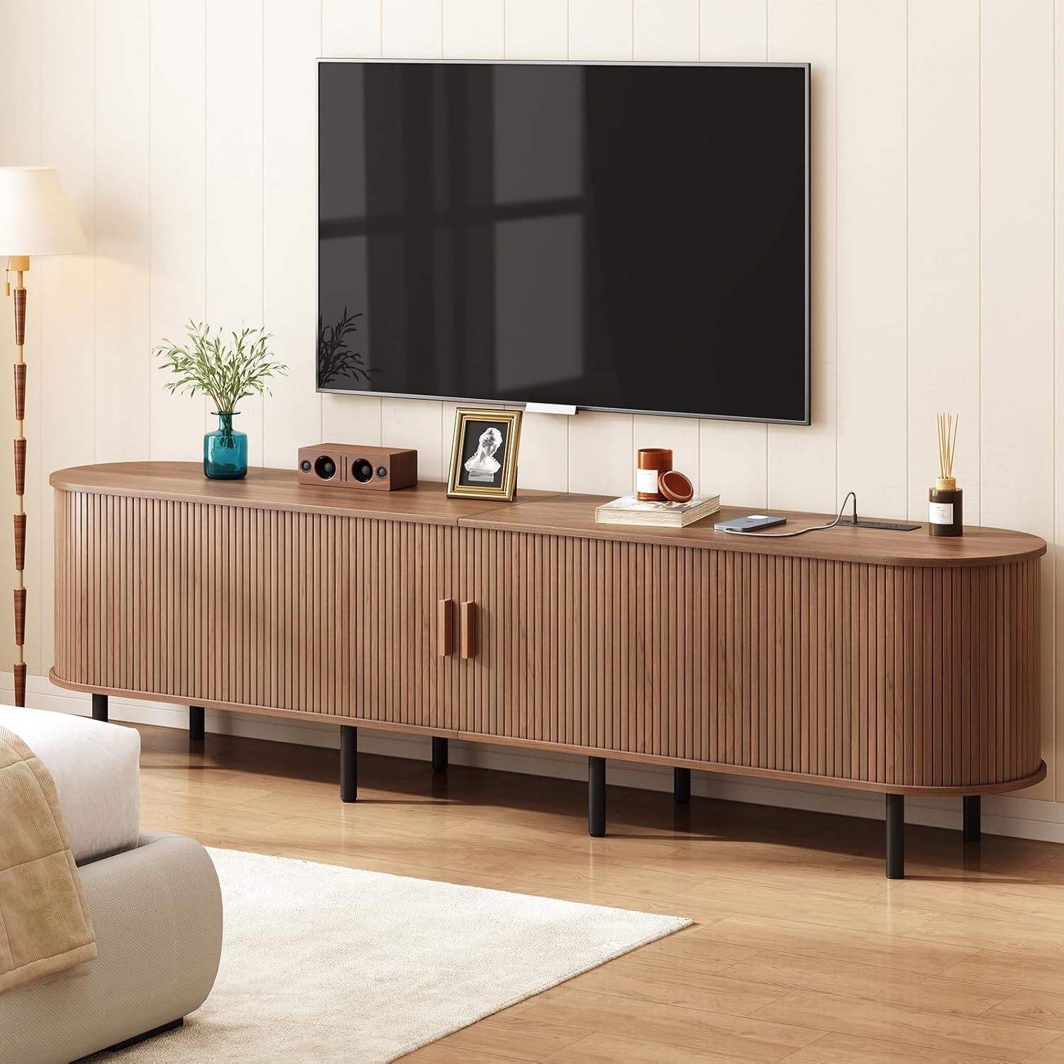 ONBRILL 86.6' TV Stand with Power Outlet for TVs up to 90 Inch, Entertainment Center with Storage and Adjustable Shelves, Modern Media Console with Sliding Doors for Living Room, Walnut