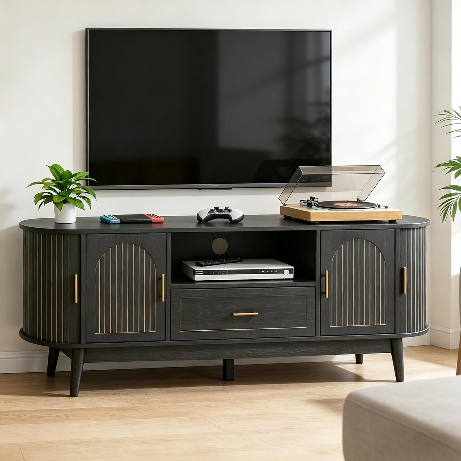 63' Fluted TV Stand for Tvs up to 70', Mid-Century Modern Entertainment Center with Drawers and Fluted Doors, Curved TV Media Console Table with Sliding Doors for Living Room, Bedroom (63' Black)
