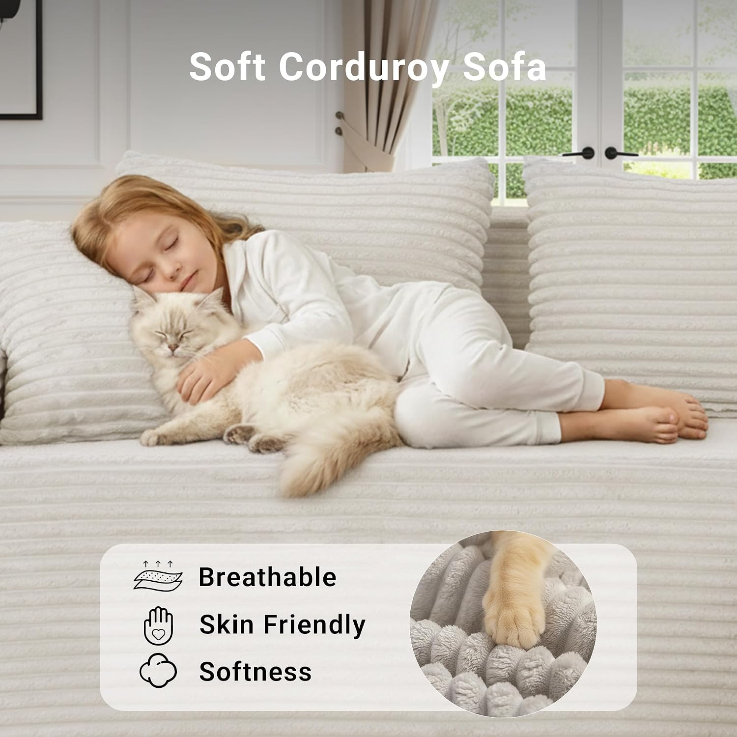 Claiks 104' Boneless Couch, Cloud Couch Sectional, L-Shape Corduroy Modular Sectional Sofa Deep Seat, Upholstered Couches for Living Room, No Assembly Required, Beige, Right Facing Chaise