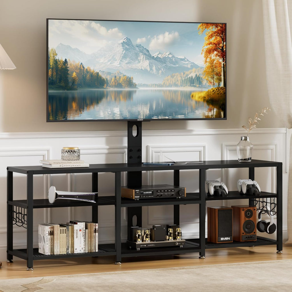 VECELO TV Stand with Mount and Power Outlets, Entertainment Center for 60/65/70/75/80 inch TVs, Height Adjustable Media Console with Storage Shelves, for Living Room, Bedroom, Black