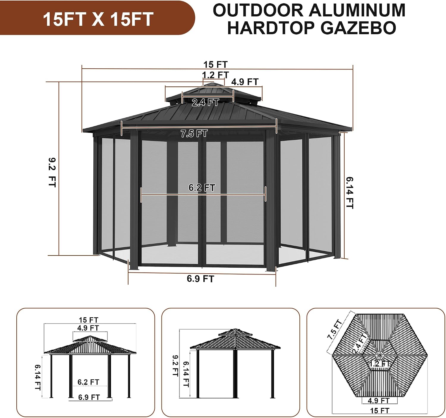 15x15FT Hexagon Hardtop Gazebo Heavy Duty Aluminum Frame Outdoor Gazebo Pergola Pavilion with Galvanized Steel Double Roof, Nettings & Ceiling Hook for Patio Backyard Deck Lawns