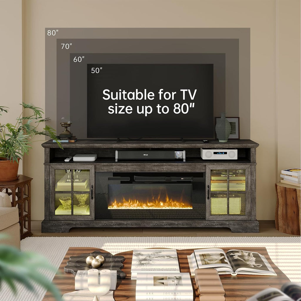 70' Farmhouse TV Stand with 36' Fireplace for TVs up to 80', Media Entertainment Center with Adjustable Shelves and Large Storage Cabinets, for Living Room, Gray & Black