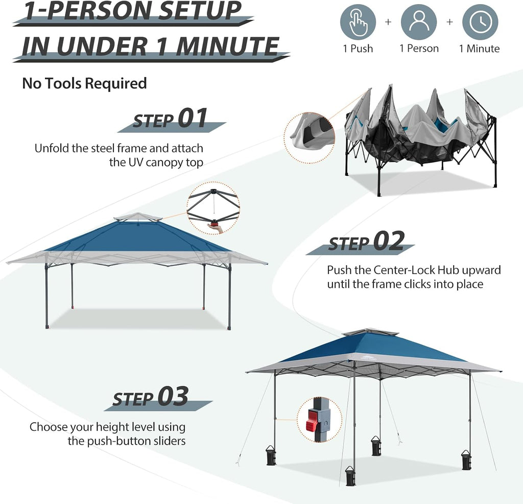 EAGLE PEAK 13x13 Straight Leg Pop Up Canopy Tent Instant Outdoor Canopy Easy Single Person Set up Folding Shelter w/Auto Extending Eaves 169 Square Feet of Shade (Blue/Gray)
