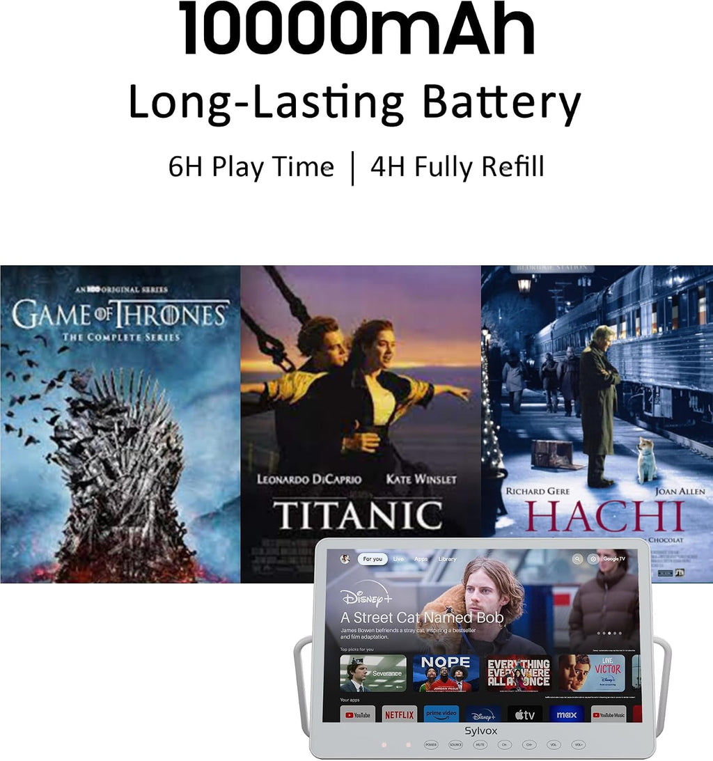 SYLVOX Portable TV, 15.6'' Google TV, IP66 Waterproof, 1080P Small Smart Television with Google Assistant Remote | 10000mAh Battery-Powered TV for Kitchen, RV and More
