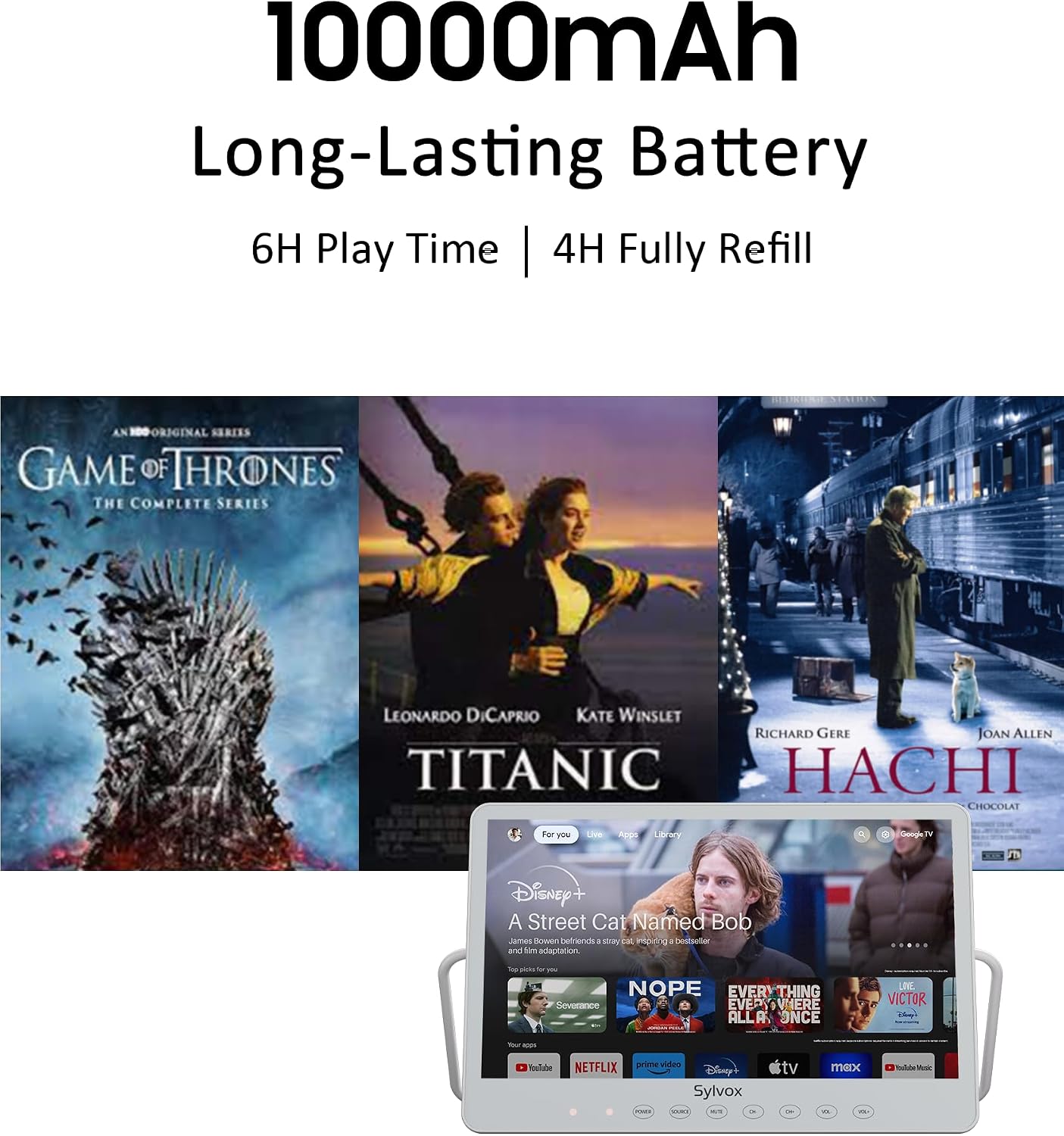 SYLVOX Portable TV, 15.6'' Google TV, IP66 Waterproof, 1080P Small Smart Television with Google Assistant Remote | 10000mAh Battery-Powered TV for Kitchen, RV and More